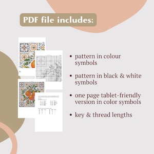 Puede incluir: Un archivo PDF digital incluye patrones de punto de cruz en s&iacute;mbolos de color y blanco y negro, una versi&oacute;n para tablet y longitudes de clave e hilo. Los patrones presentan naranjas y dise&ntilde;os de azulejos.