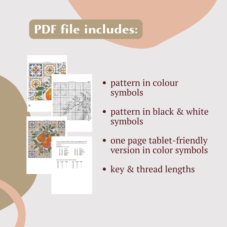 Puede incluir: Un archivo PDF digital incluye patrones de punto de cruz en s&iacute;mbolos de color y blanco y negro, una versi&oacute;n para tablet y longitudes de clave e hilo. Los patrones presentan naranjas y dise&ntilde;os de azulejos.