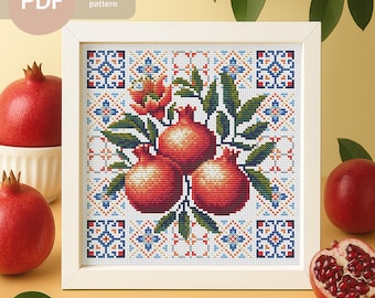 Granadas con diseño de azulejo mediterráneo. Patrón de punto de cruz en PDF para descarga instantánea. Diseño de muestrario de frutas para la cocina. Patrón ideal para principiantes.