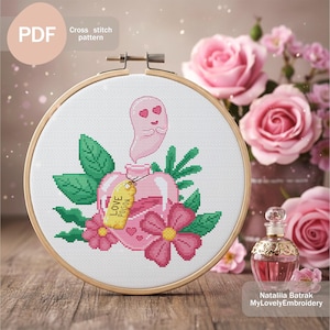 Ghost of Love Poison Cross Stitch Pattern, Valentine & Pink Halloween Design (PDF Download)