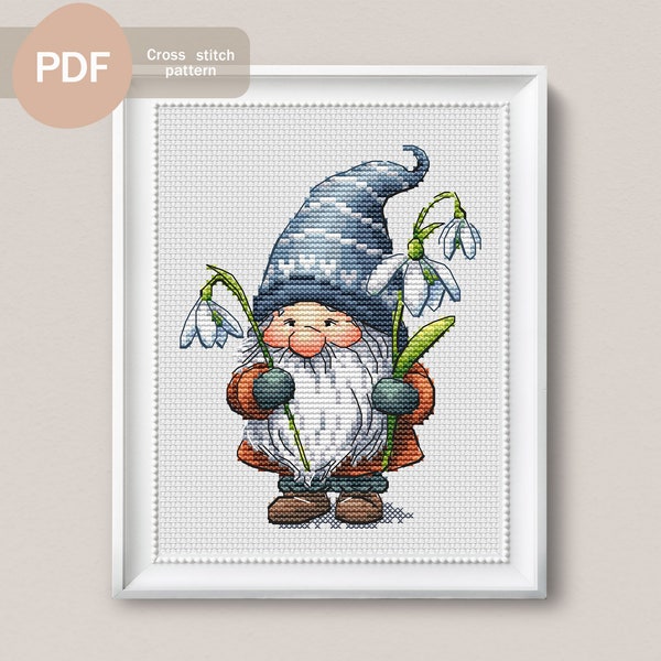 Gnome de printemps au point de croix, motif PDF, téléchargement numérique instantané, motif de point de croix de printemps, motif de point de croix nain