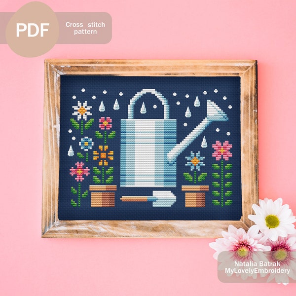 Garden watering can sampler Cross stitch pattern PDF Instant download, Spring cross stitch pattern Primitive garden sampler