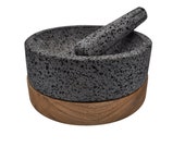 Dark Lava Rock Molcajete with wooden Base, Mexican Mortar and Pestle 19 CM