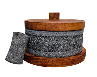 Mexican Molcajete Yolia 8 inches Made of Volcanic stone with Parota wood Lid and Base