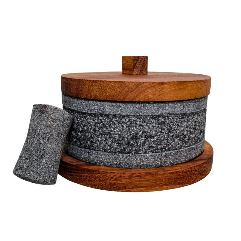 Mexican Molcajete Yolia 8 inches Made of Volcanic stone with Parota wood Lid and Base image 1