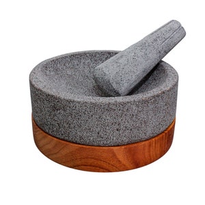 Molcajete Volcanic Stone Mortar and Pestle 20 CM Tlatoani Elegant "Molcajete" made Volcanic Rock with Parota wood base and Mortar