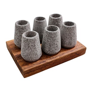 Set of 6 Mexican tequila Shot Glasses made of Volcanic Stone with Parota wood Base, gafas de piedra volcanica