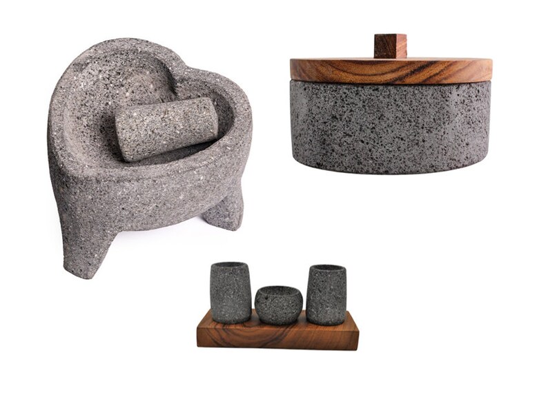 Patriotic Independence Trio: Heart-Shaped Molcajete, Volcanic Stone Tequila Glasses, and Tortillero