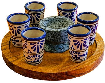 Six Mexican Caballitos Tequileros of Talavera with a 4" Molcajete for lemons and salt a wooden Parota base plate Chupitos mexicanos