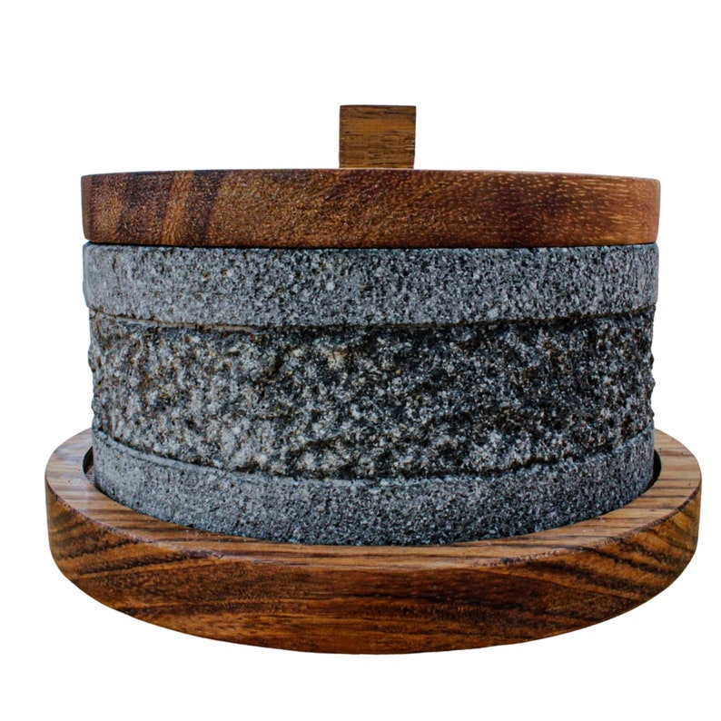 Mexican Molcajete Yolia 8 inches Made of Volcanic stone with Parota wood Lid and Base image 2