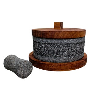 Mexican Molcajete Yolia 8 inches Made of Volcanic stone with Parota wood Lid and Base image 4