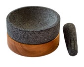 Volcanic Stone Mortar and Pestle Machuastik Elegant quot Molcajete quot made of Volcanic Rock with Parota wood base and its Mortar