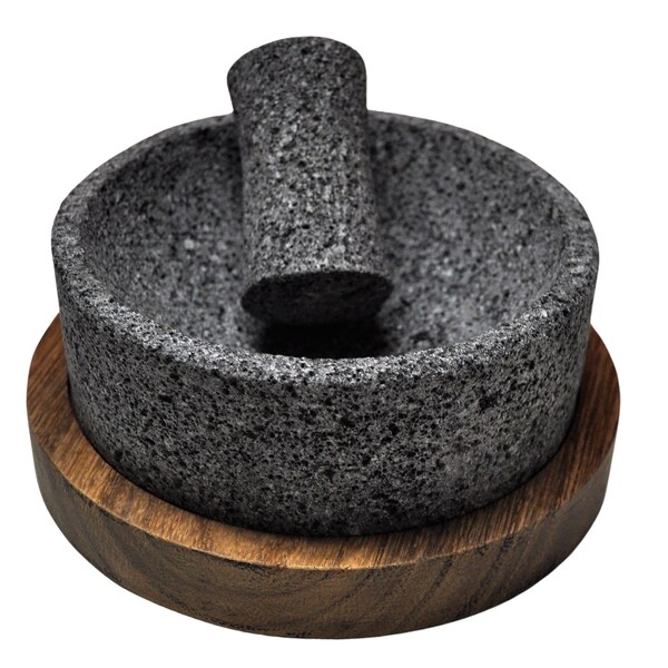 Volcanic Stone Mortar and Pestle / Molcajete "Chilmamolli" with Wooden Base, Elegant Design, Mexican Molcajete for Guacamole and Sauces