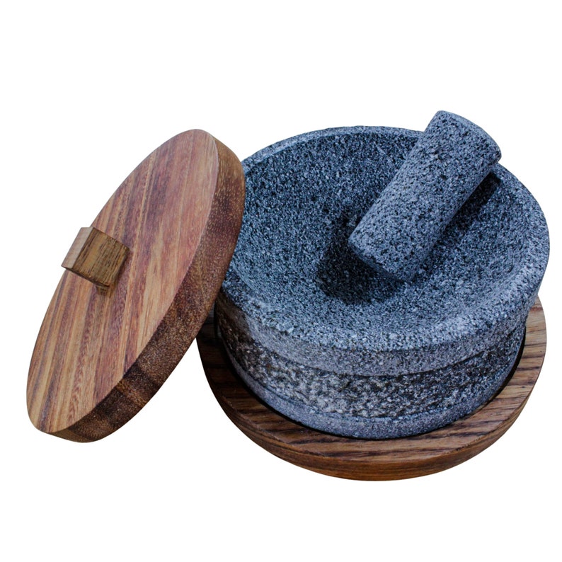 Mexican Molcajete Yolia 8 inches Made of Volcanic stone with Parota wood Lid and Base image 3