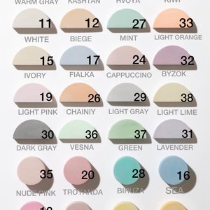 Color palette chart showing all available finish options for handmade concrete and gypsum display stands
