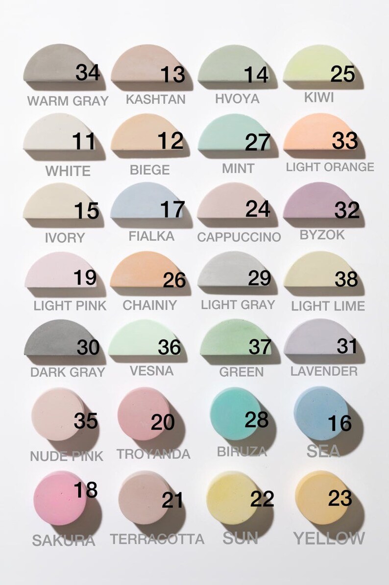 Color palette chart showing all available finish options for handmade concrete and gypsum display stands
