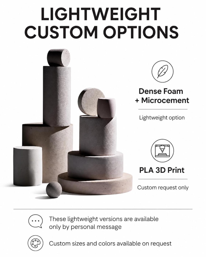 K&ouml;nnte beinhalten: Ein Bild mit hellgrauen geometrischen Formen, darunter Zylinder und Kugeln. Der Text lautet "LIGHTWEIGHT CUSTOM OPTIONS". Es werden Optionen wie "Dense Foam + Microcement" und "PLA 3D Print" hervorgehoben, mit einem Hinweis auf Sonderw&uuml;nsche und Gr&ouml;&szlig;en.