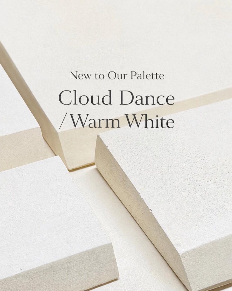 Pode incluir: Imagem de blocos retangulares texturizados em branco sujo, dispostos de forma minimalista. O texto "New to Our Palette" e "Cloud Dance / Warm White" &eacute; exibido em uma fonte limpa e moderna, sugerindo uma apresenta&ccedil;&atilde;o de paleta de cores ou de produto.