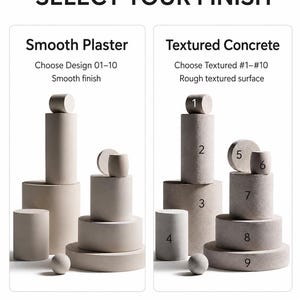 K&ouml;nnte beinhalten: Bild zeigt architektonische Elemente in glattem Putz und strukturiertem Beton. Der Text lautet "SELECT YOUR FINISH" und beschreibt die Designoptionen, einschlie&szlig;lich einer glatten Oberfl&auml;che und einer rauen strukturierten Oberfl&auml;che. Leichte Versionen verf&uuml;gbar.