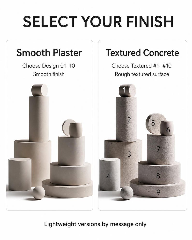 K&ouml;nnte beinhalten: Bild zeigt architektonische Elemente in glattem Putz und strukturiertem Beton. Der Text lautet "SELECT YOUR FINISH" und beschreibt die Designoptionen, einschlie&szlig;lich einer glatten Oberfl&auml;che und einer rauen strukturierten Oberfl&auml;che. Leichte Versionen verf&uuml;gbar.