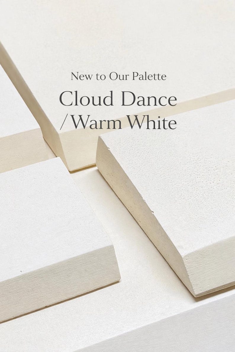 Puede incluir: Composici&oacute;n abstracta con formas geom&eacute;tricas en tonos blancos y crema. El texto "New to Our Palette" y "Cloud Dance / Warm White" se muestra en una fuente minimalista, sugiriendo un tema de dise&ntilde;o o arte.