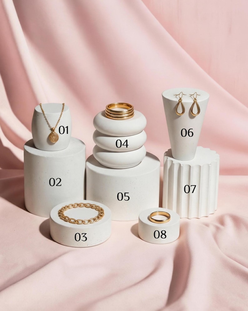 Minimal concrete display riser set with numbered pieces, jewelry display stand for necklace, rings and earrings, boutique retail display system in neutral tones