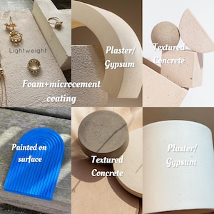 Material options for display podiums including lightweight PLA, plaster gypsum, foam microcement coating, textured concrete and painted gypsum