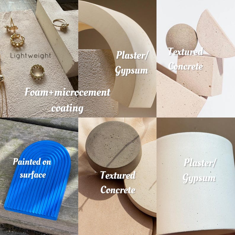 Material options for display podiums including lightweight PLA, plaster gypsum, foam microcement coating, textured concrete and painted gypsum