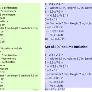 Size chart for set of 10 handmade display podiums showing dimensions in centimeters and inches