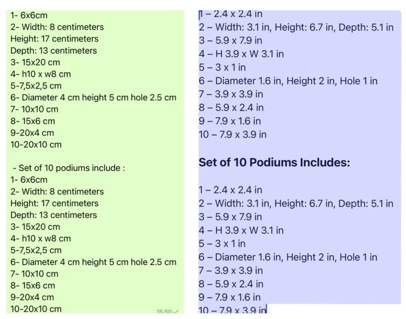 Size chart for set of 10 handmade display podiums showing dimensions in centimeters and inches