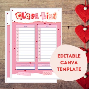 Valentine Class List for Teachers, Valentine&#39;s Day Printable, Valentine&#39;s Day Class List Editable Canva Template