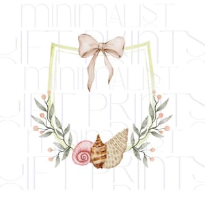 May include: A watercolor illustration of a green leafy wreath with pink flowers and seashells. A pale pink bow sits above the wreath in a light green frame.