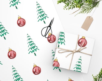 Christmas Wrapping Paper - Watercolor Holiday Gift Wrap - Christmas Tree and Ornament Wrapping Paper