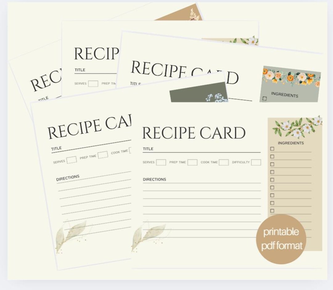 Floral Recipe Card Printable Bundle, 7 Recipe Cards, PDF Printable ...
