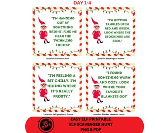 May include: Four printable cards with elf illustrations and text. Each card has a different elf hiding location clue. The clues are "I'm hanging out by something bright. Find me near the twinkling lights!"  "I'm getting tangled up in red and green. Look where the stockings are seen."  "I'm feeling a bit chilly. I'm hiding where it's really frosty."  "I found something warm and cozy. Look where your favorite blankets go!"