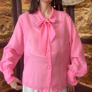 1970s vintage Neon pink polyester blouse/ -Pink neon romance-/with ribbon tie/from France /good condition vintage