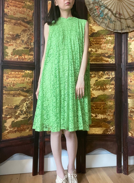 1960s Neon Green Lace Dress: Vintage Pleated A-line Mini