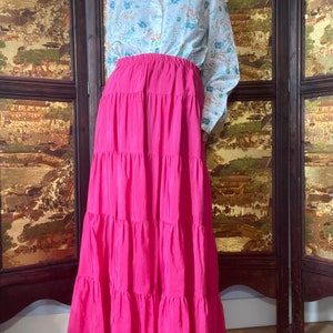 2000s NEON pink vintage tiered long skirt/elastic skirt/volume skirt out fit/unique vintage/French vintage