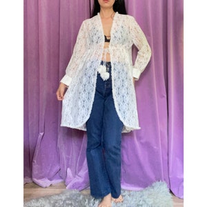 Lovely1960s-1970s French Vintage Floral Lace Nightgown White Chiffon Ruffles Frill Duster Cardigan Romantic Bridal Peignoir Waist Drawstring