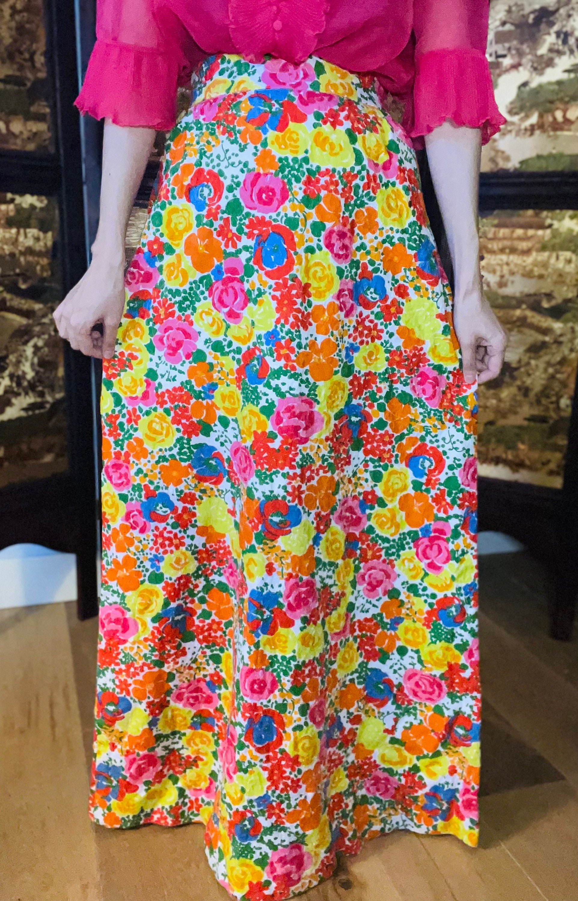 【SALE】70s flower pattern long skirt Special 1970s Vintage Flower Pattern Maxi Skirt /-sunshine