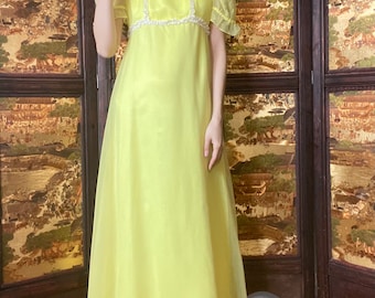 1960s-1970s French vintage prom dress /-Yellow spotlight catch the girl-/neon yellow party dress/polyester long dress with puffy sleeve