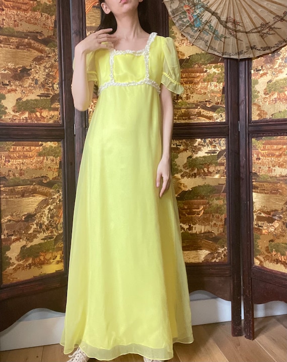 yellow polyester dress 1960s Yellow Party Dress: Vintage Polyester Long Dress With Puffy Sleeves