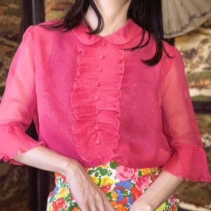 1950s-1960s Rare Vintage Sheer Nylon Blouse neon pink see-through Tops/-A Neon pink goldfish -