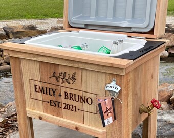 Personalized 48 qt wood cooler.  Excellent patio accessory item!