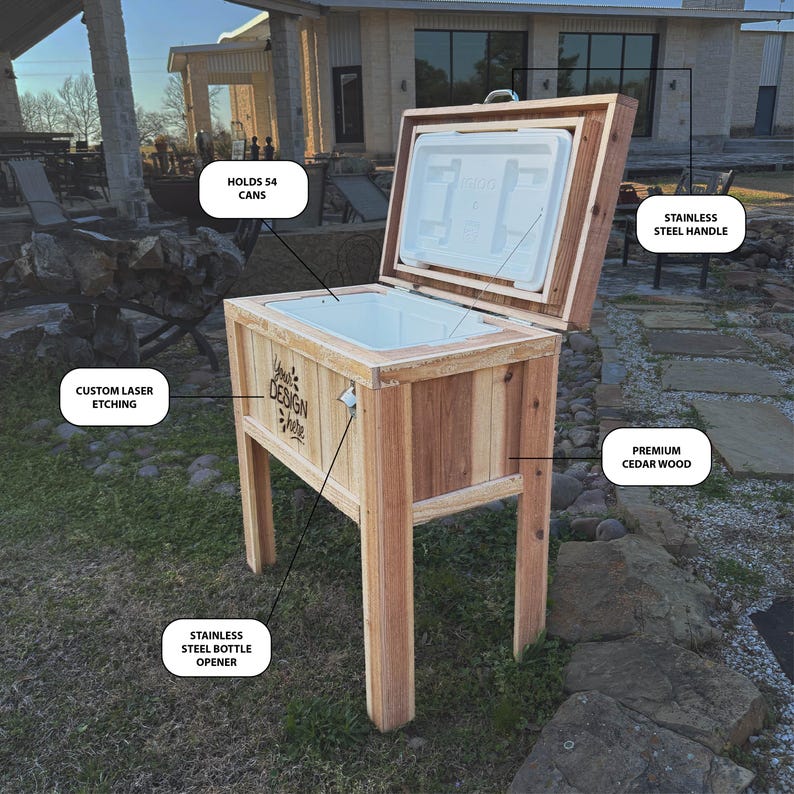 Personalized 48 qt wood cooler. Excellent patio accessory item! NEW DESIGN image 3
