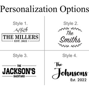 Plain white and black image showing the four styles offered for the engraved personalization on the front of the wooden cooler