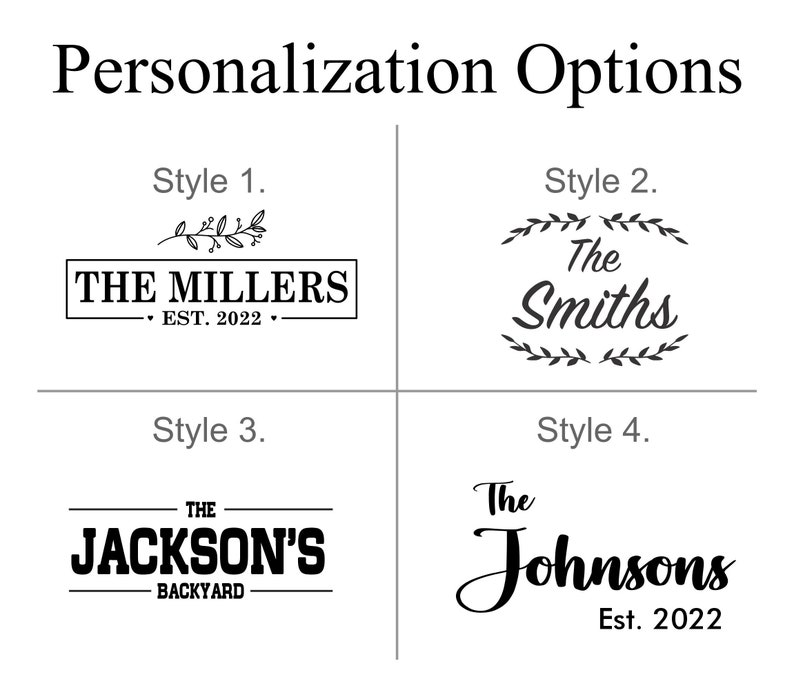 Plain white and black image showing the four styles offered for the engraved personalization on the front of the wooden cooler
