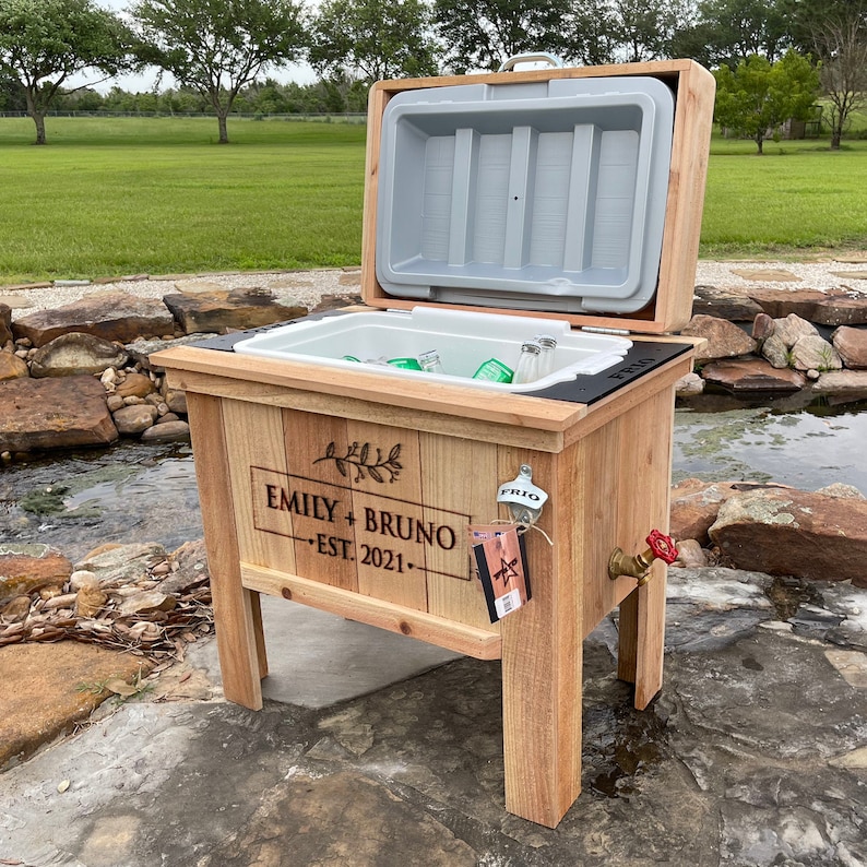 Personalized 48 qt wood cooler.  Excellent patio accessory item!
