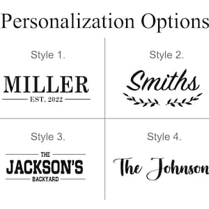 Plain white and black image showing the four styles offered for the engraved personalization on the front of the wooden cooler