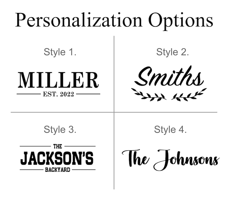 Plain white and black image showing the four styles offered for the engraved personalization on the front of the wooden cooler